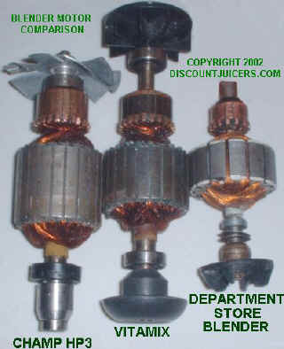 Blender Motor Comparison picture- comparing the motor windings of the vitamix, champ hp3 and department store blender.